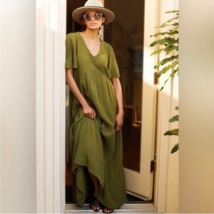 Anthropologie South Filly Lacauze Gauze Juniper Dress Green Cotton Maxi M